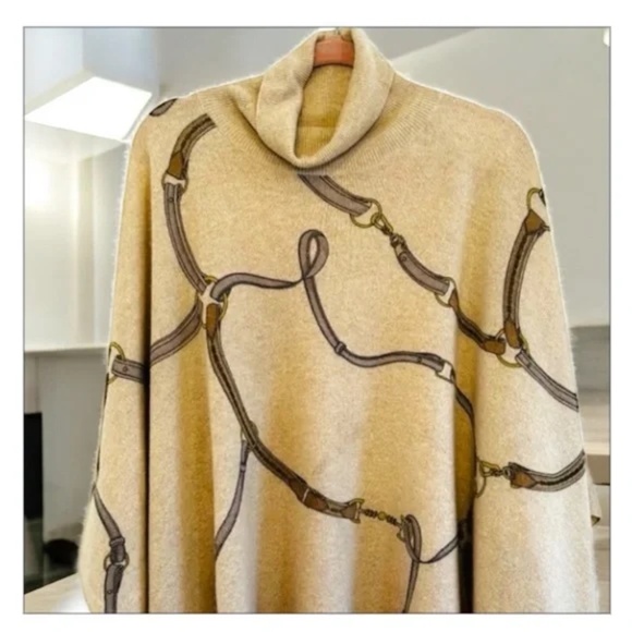 J. McLaughlin Beige Equestrian Chain Print Cashmere Turtleneck Poncho Sweater - Picture 3 of 8